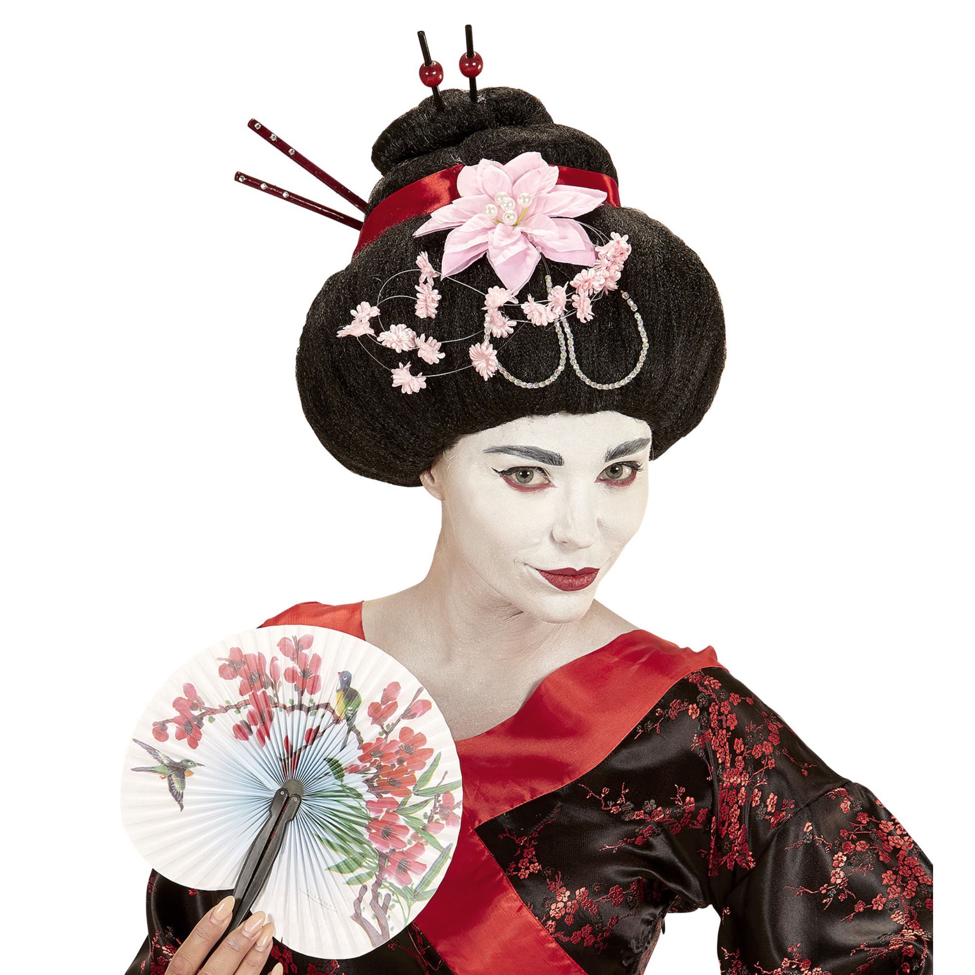 Erfenis ergens bij betrokken zijn heerlijkheid Oosterse geisha pruik met bloemen en stokjes
