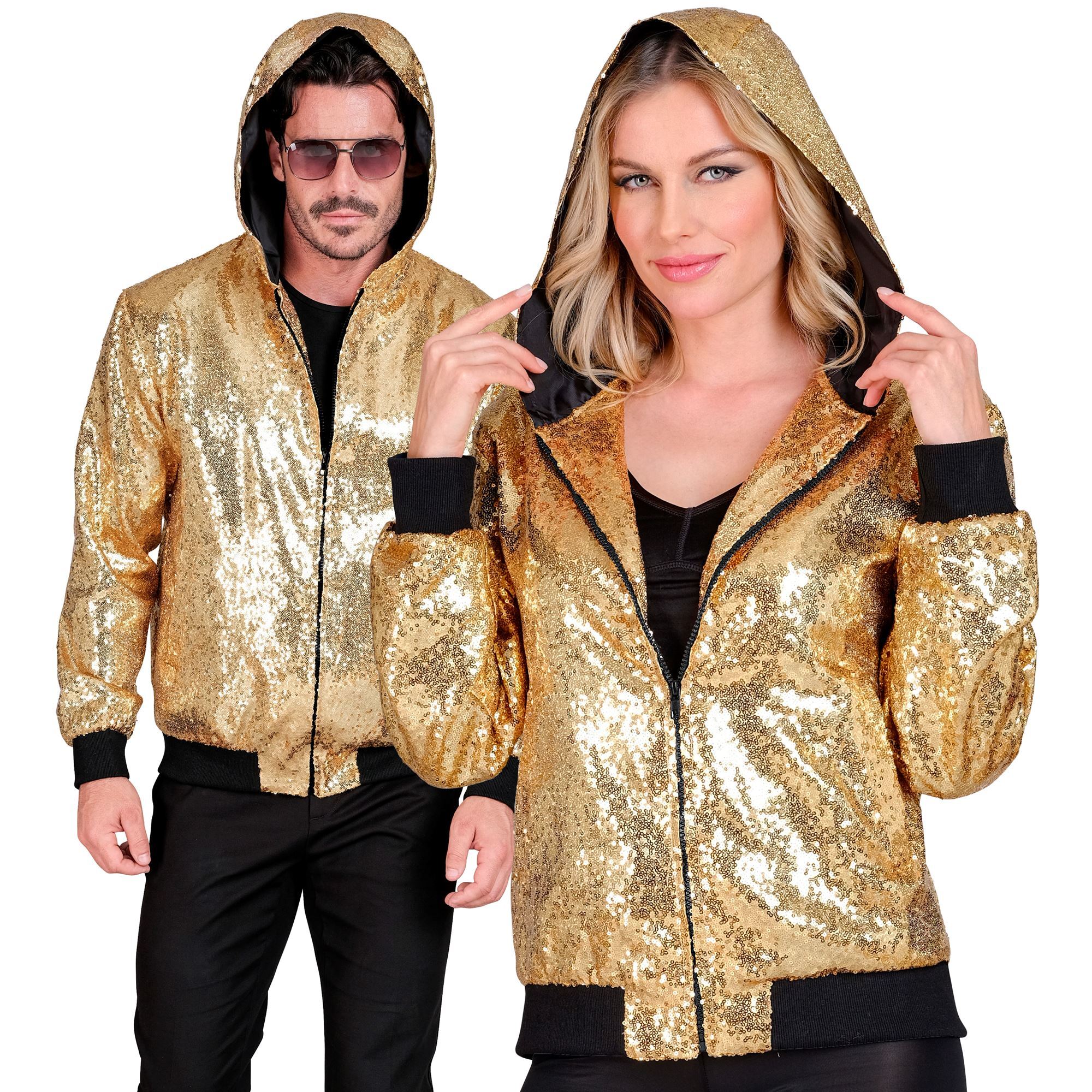 Bomber jack gouden glitters met pailletten en capuchon mannen en vrouwen voor een feest van goud