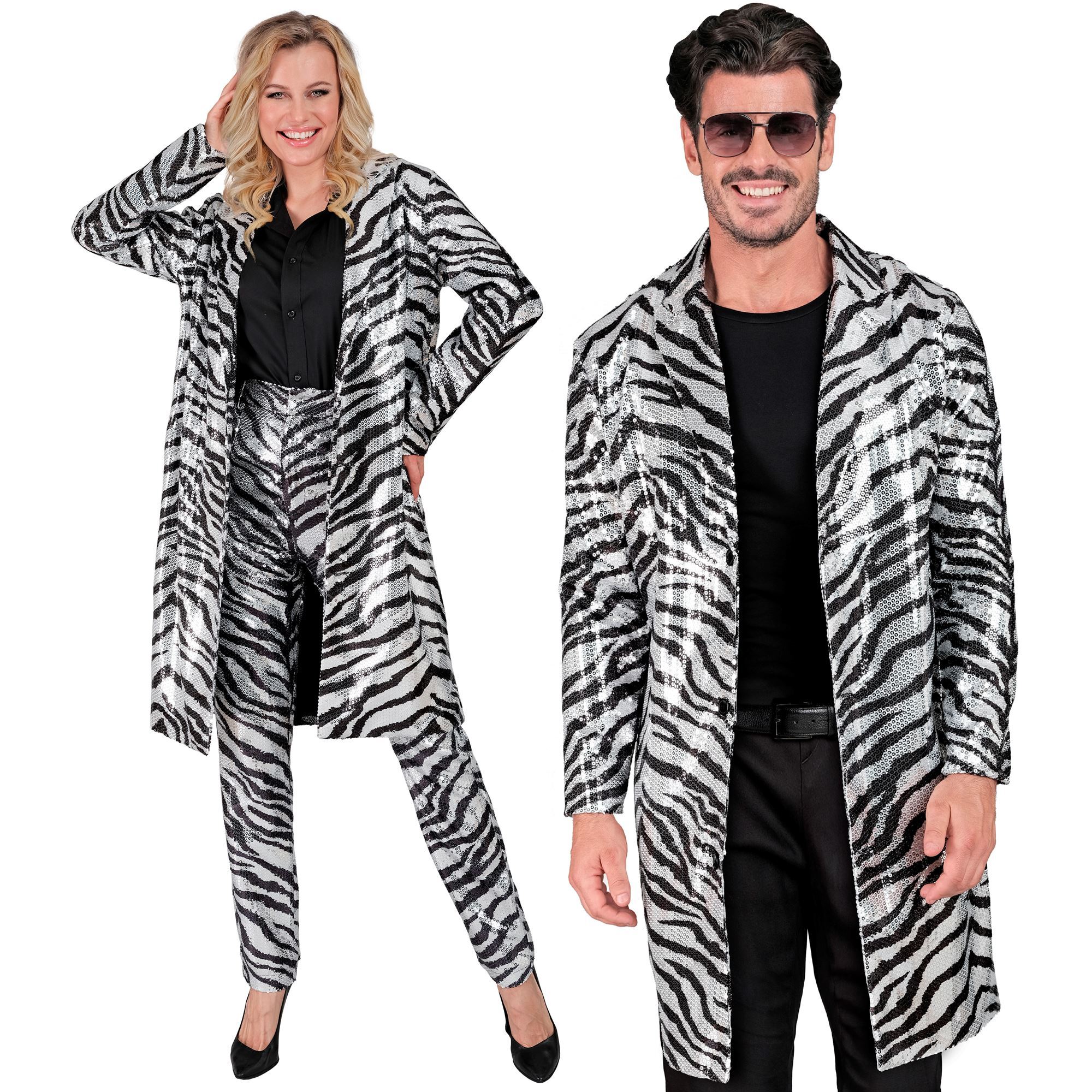 De lange pailletten zebra print jas voor dames en heren die graag de show stelen