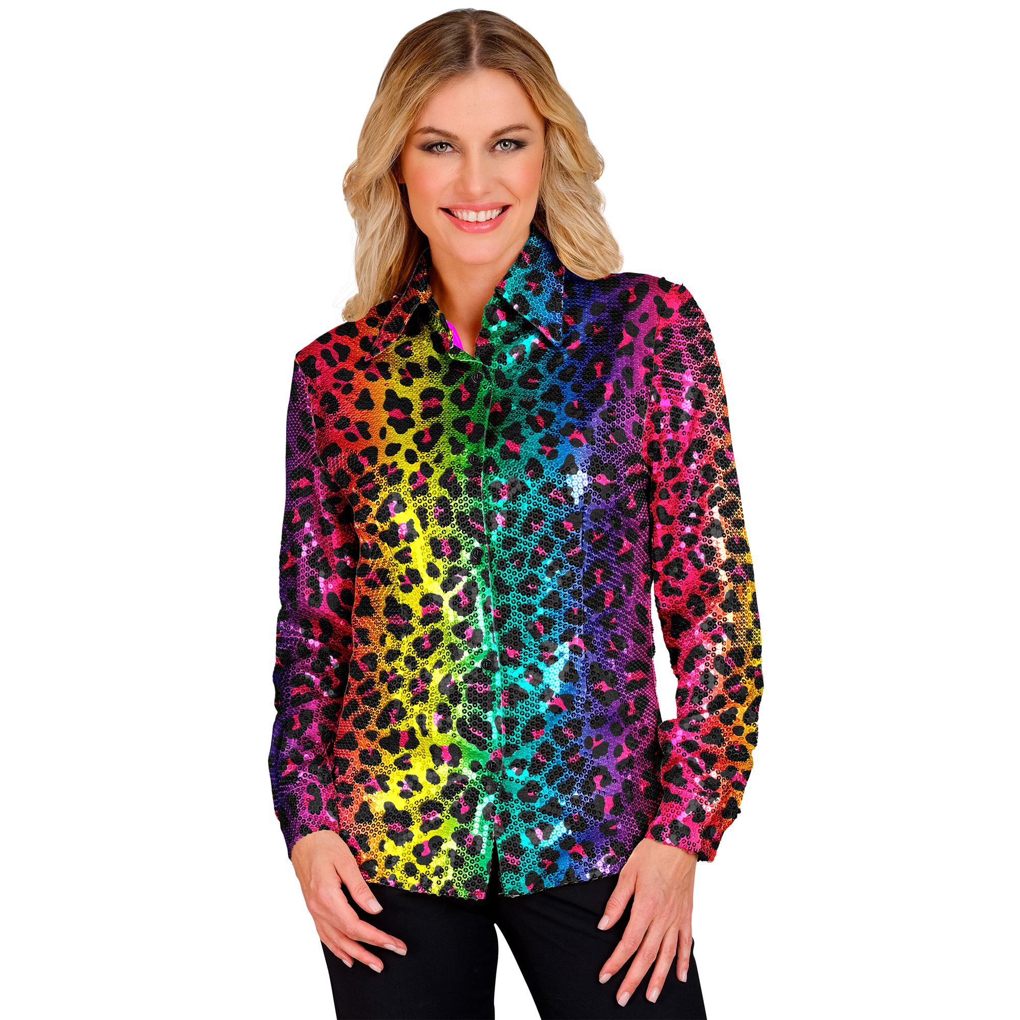 De pailletten blouse voor dames  alle Kleuren van de regenboog in een wilde luipaardprint