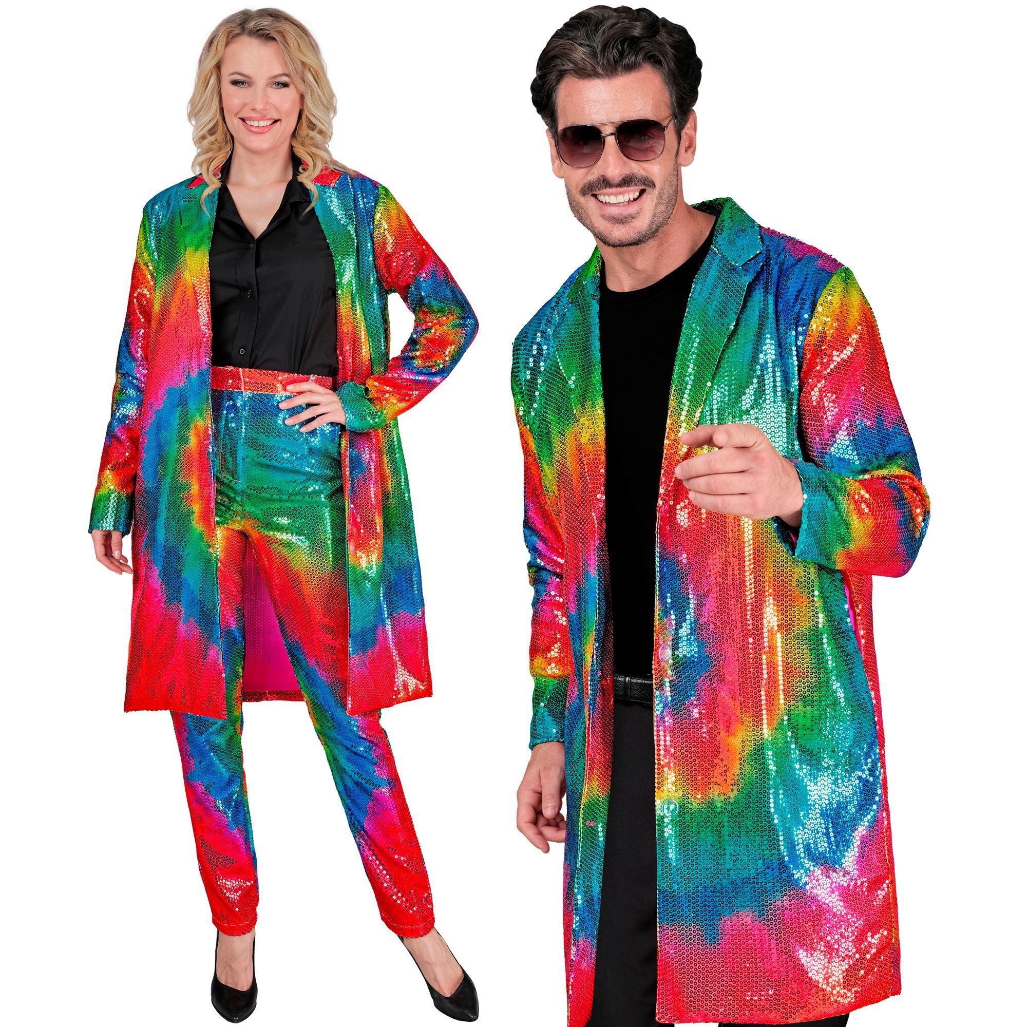 Lange pailletten jas voor mannen en vrouwen unisex een kleurrijk tie-dye spektakel vol glamour