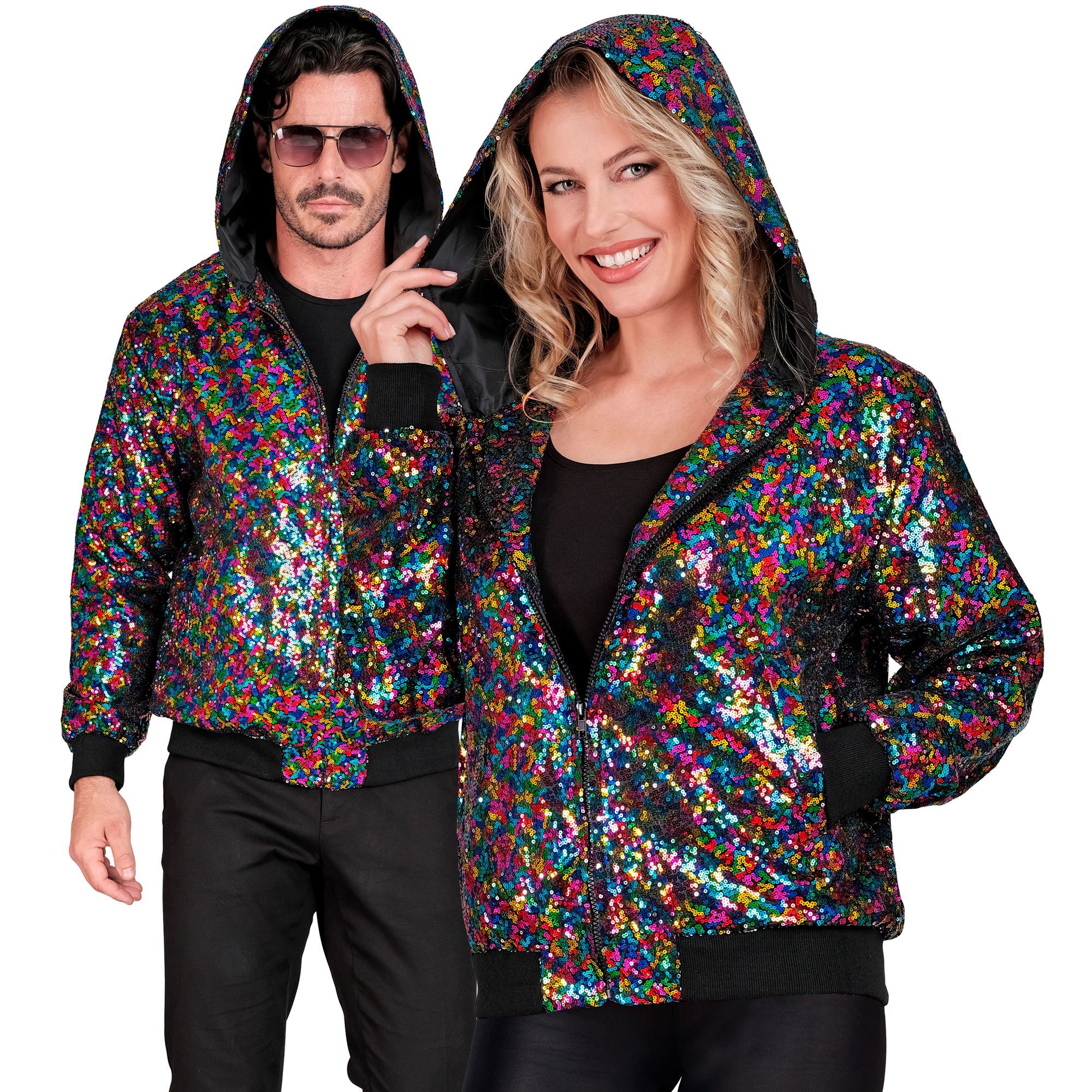 Meerkleurige pailletten bomber jack met capuchon perfect voor foute party en glitter en glamour Feesten dames en heren